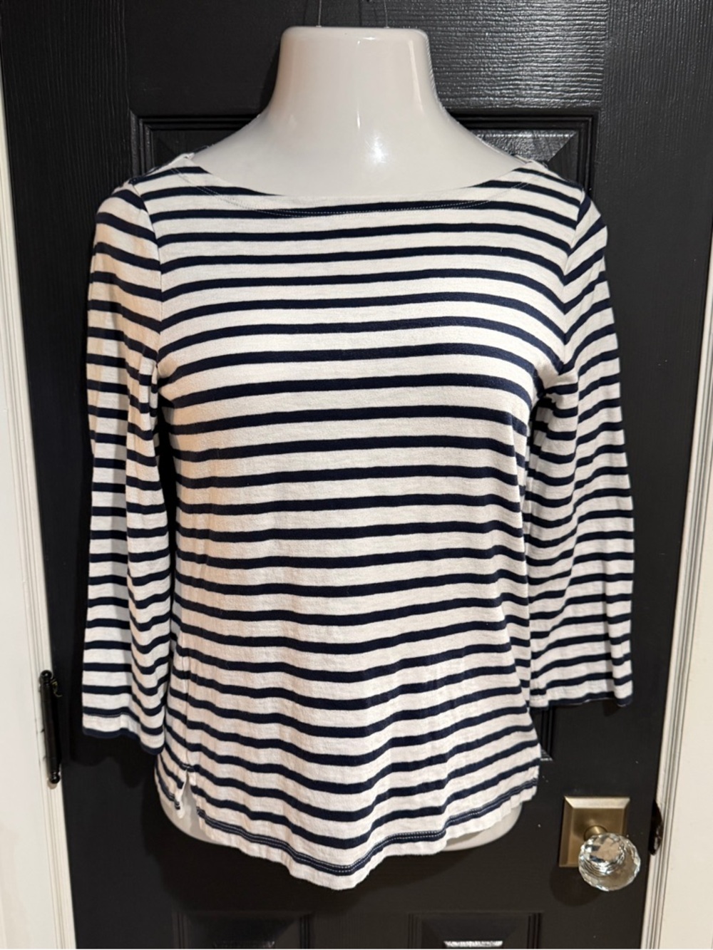 J. Crew Navy and White Nautical Striped Boat Neck 3/4 Sleeve Tee